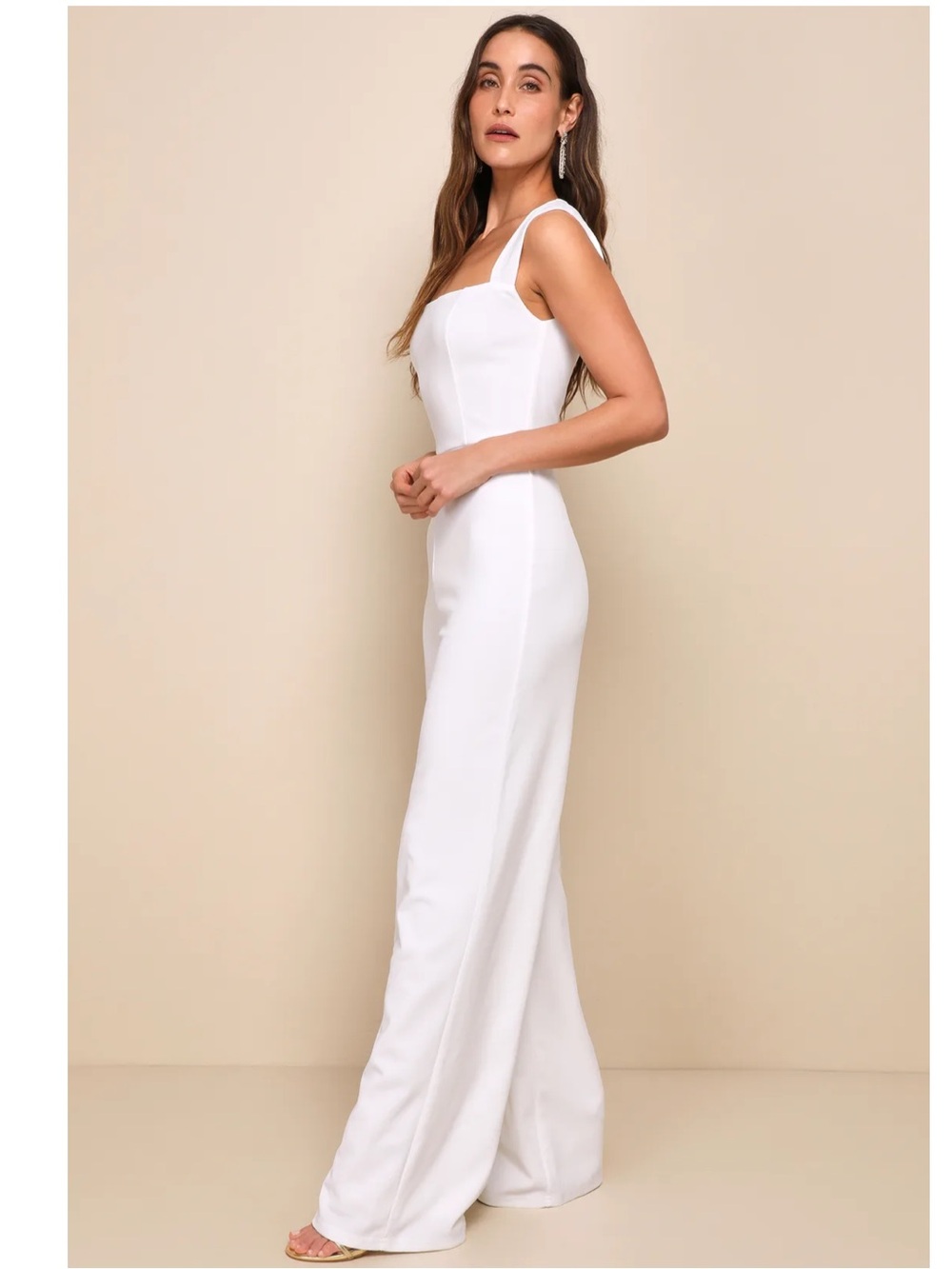 Lulus Enticing Endeavors White Square-Neck Wide-Leg Crepe Knit Jumpsuit Event